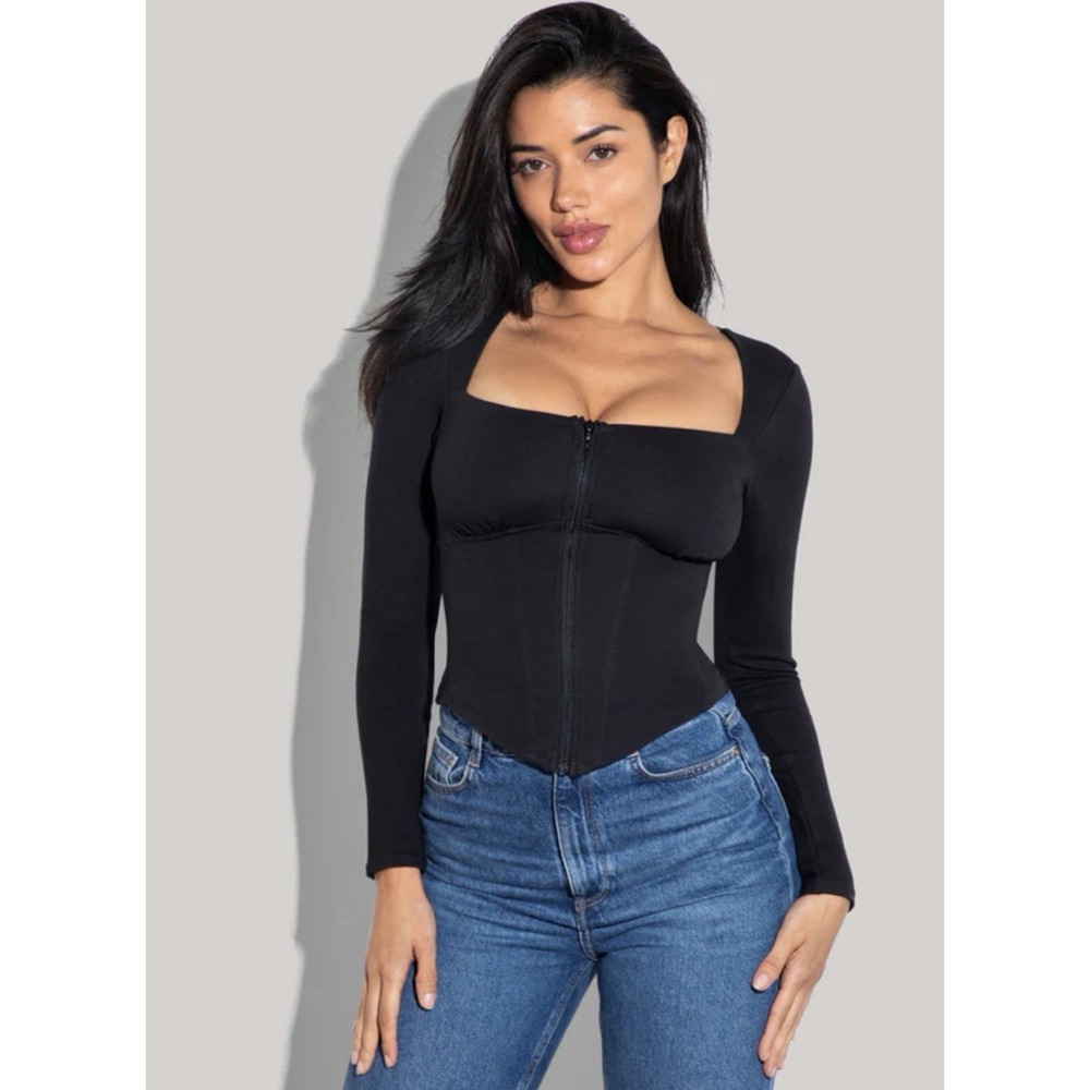 TA3 Corsety Square Neck Long Sleeve Top Black Sz M